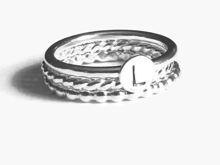 Initial Ring Monogram • Sterling silver stacking ring set personalized