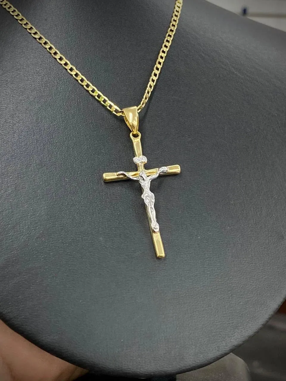 Jesus Necklace 14K Cross Two Tone Curb Chain 24" Gifts Religious Jewelry For Mens Adults