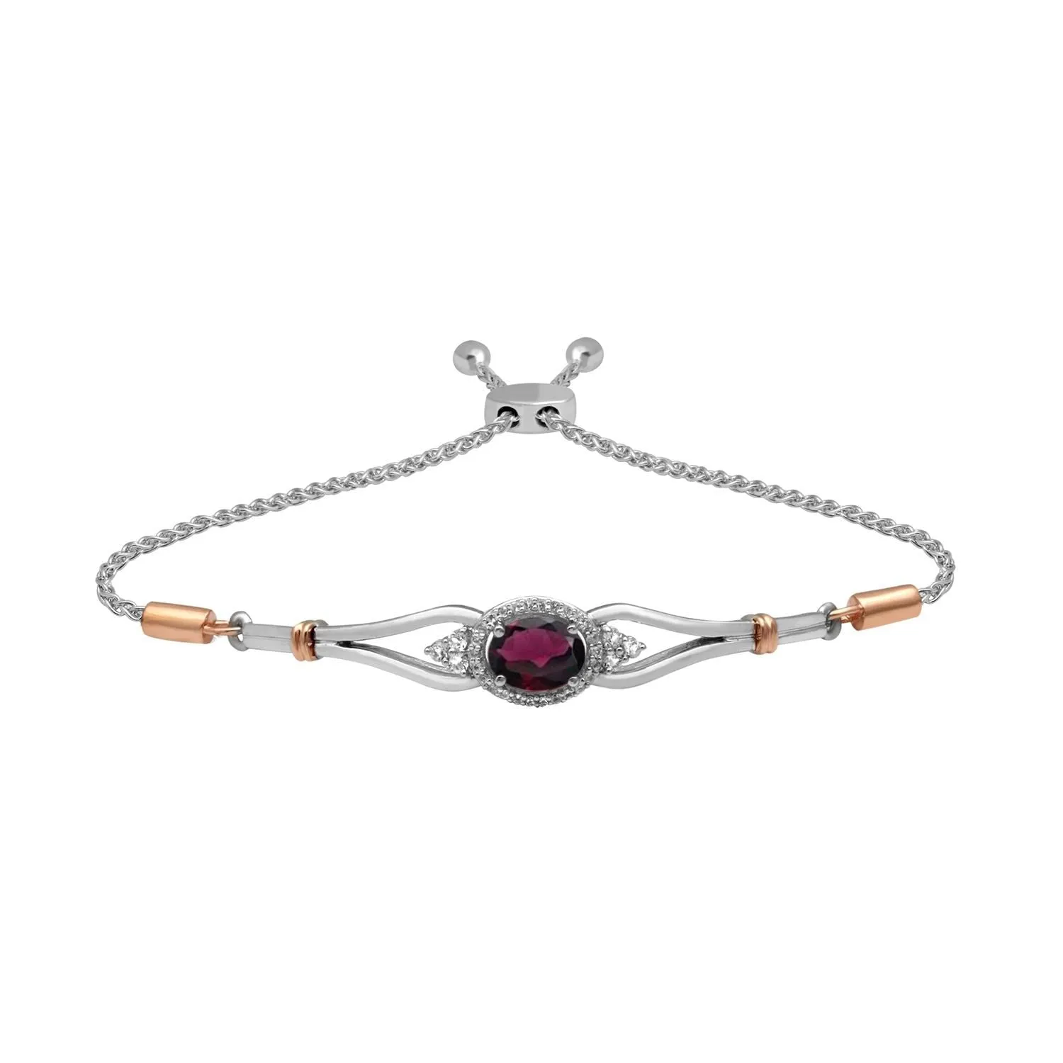 Jewelili Sterling Silver and 10K Rose Gold with Rhodolite Garnet and White Topaz Bolo Bracelet