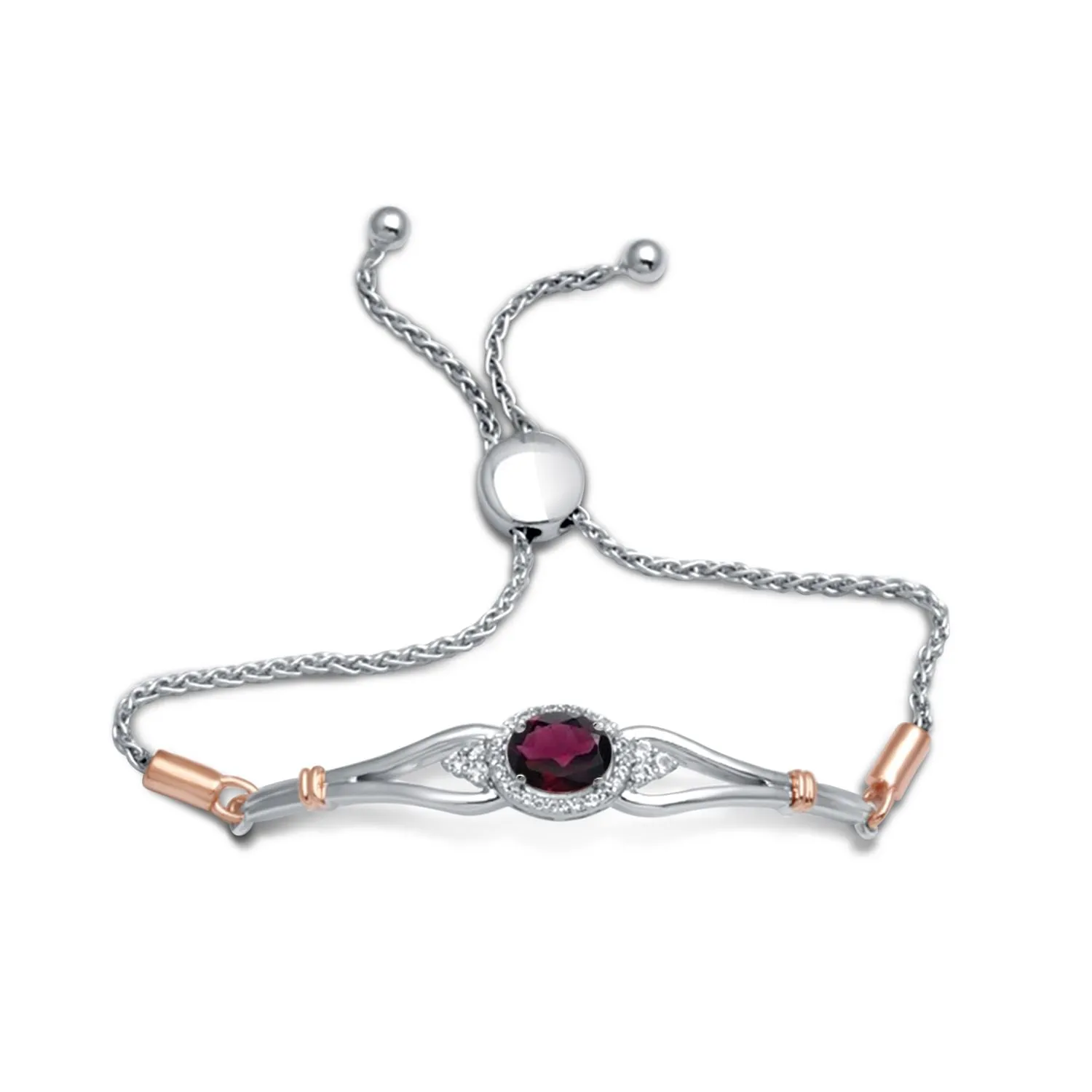 Jewelili Sterling Silver and 10K Rose Gold with Rhodolite Garnet and White Topaz Bolo Bracelet