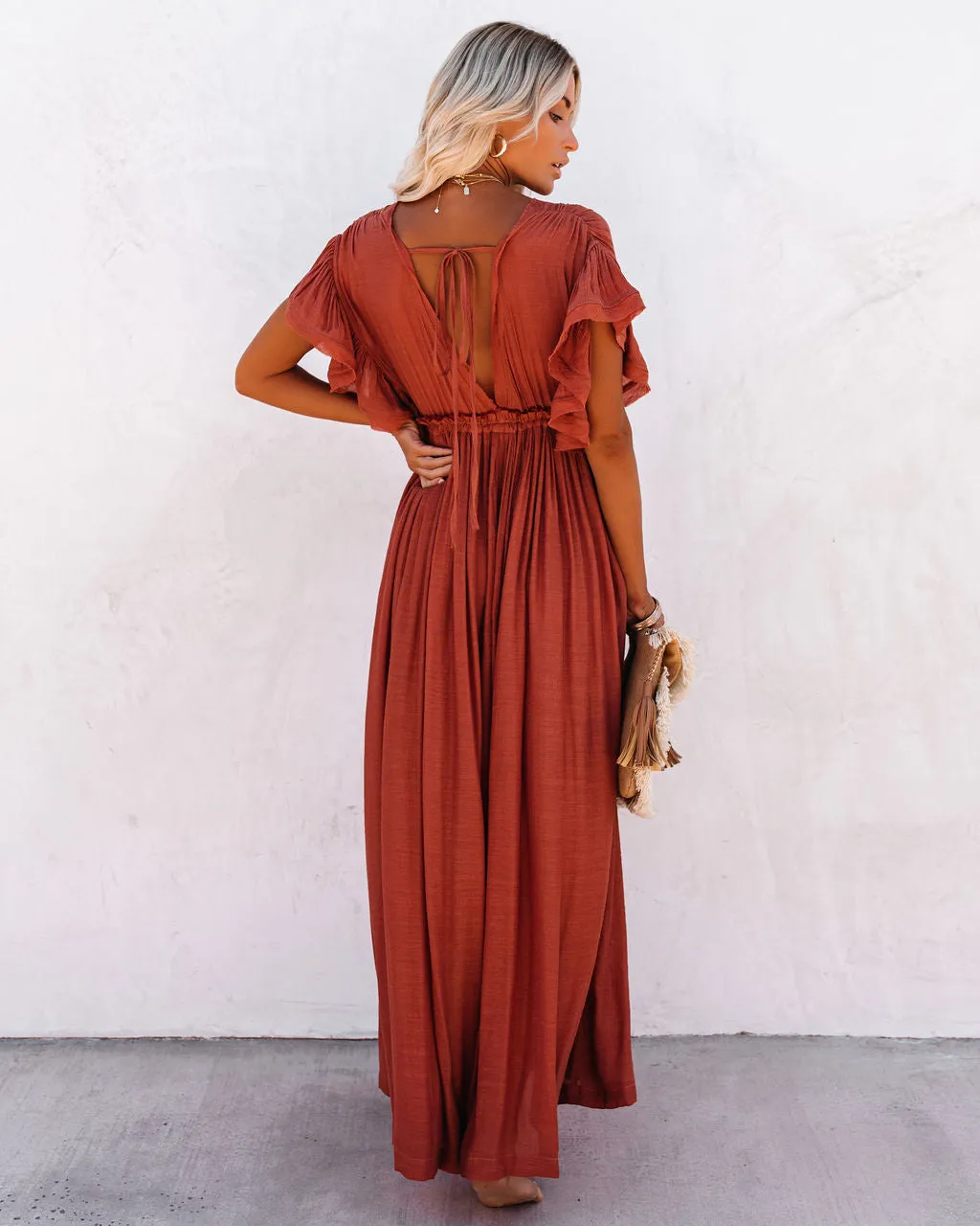 KittenAlarm - Anika Pocketed Button Down Ruffle Maxi Dress - Terracotta