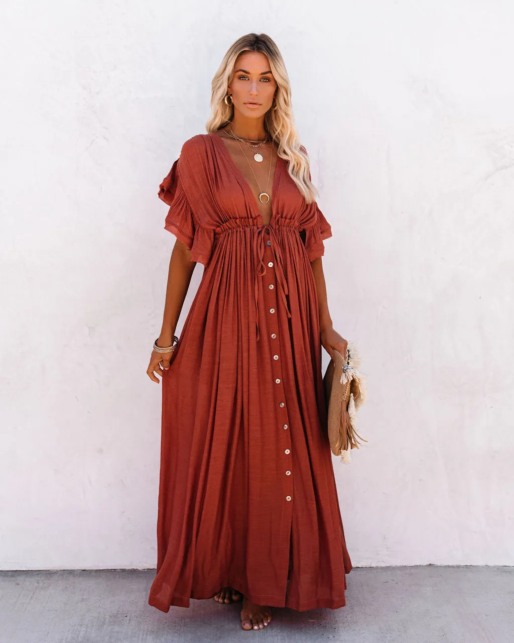 KittenAlarm - Anika Pocketed Button Down Ruffle Maxi Dress - Terracotta