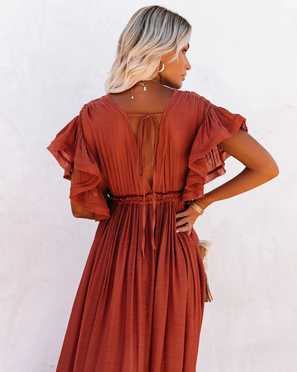 KittenAlarm - Anika Pocketed Button Down Ruffle Maxi Dress - Terracotta