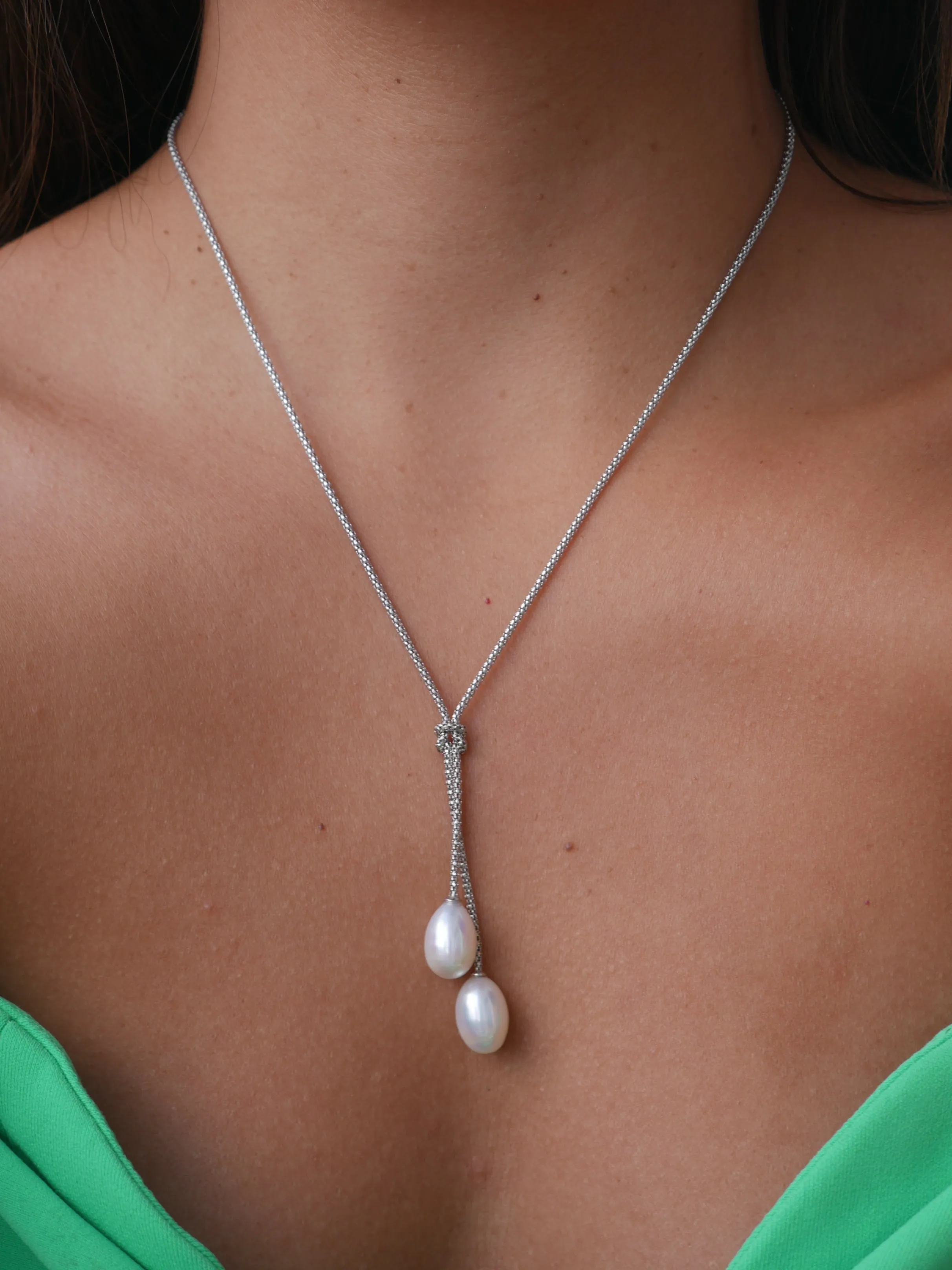 Knotted Pearl Lariat Silver Necklace, Freshwater Pearls Luxe 925 Sterling Silver Necklace