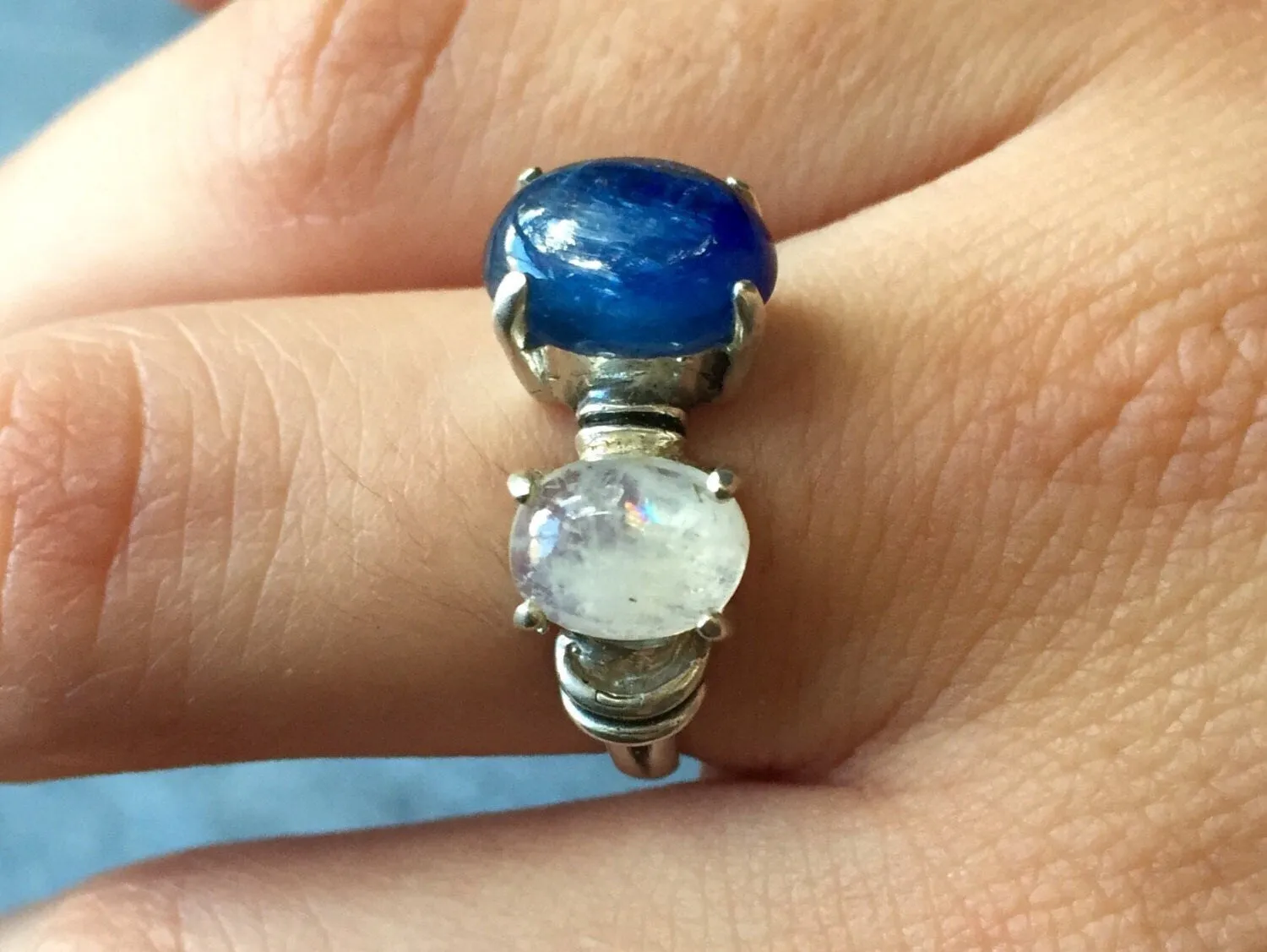 Kyanite Ring - Two Stone Ring - Moonstone Statement Ring