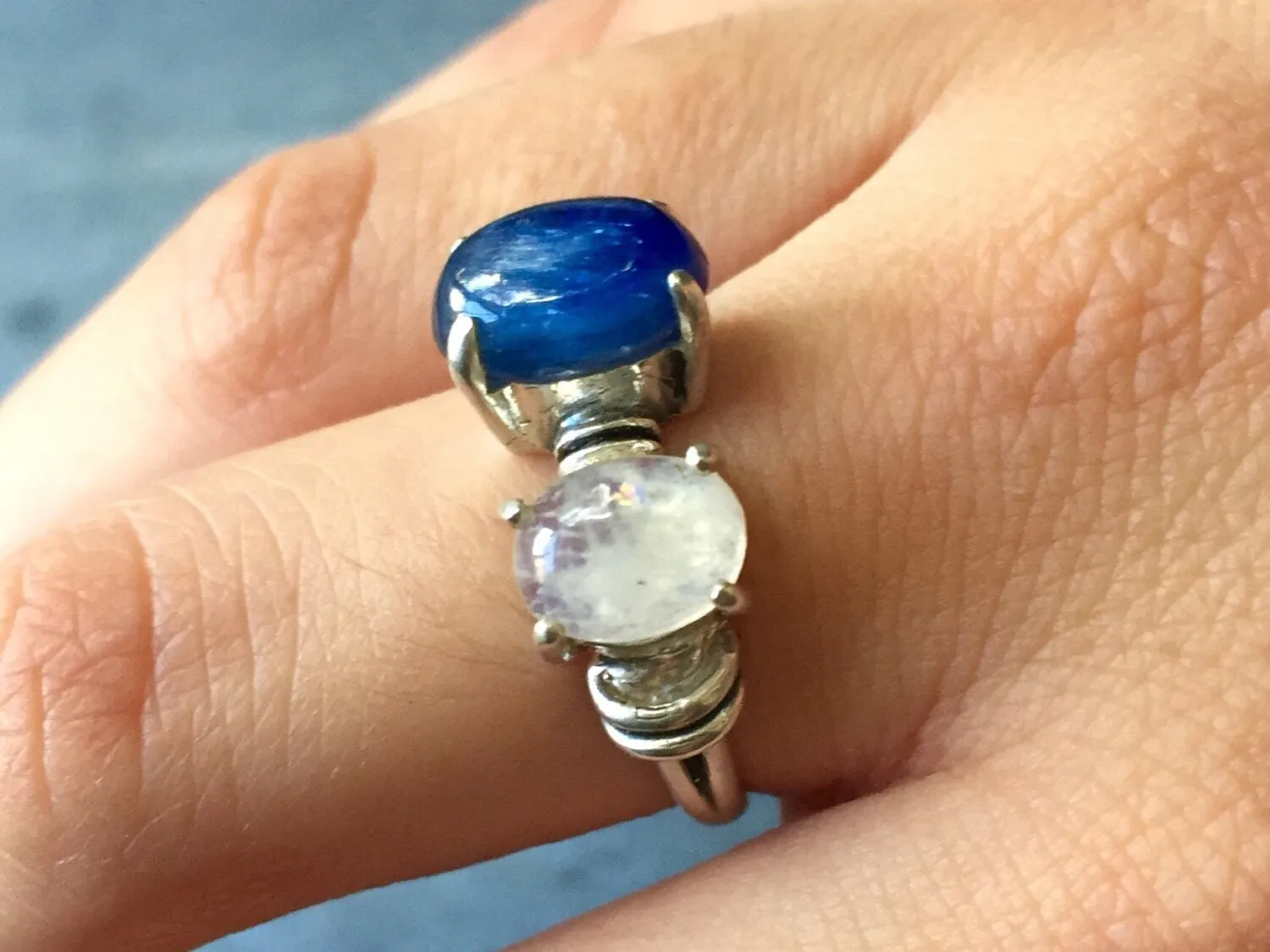 Kyanite Ring - Two Stone Ring - Moonstone Statement Ring