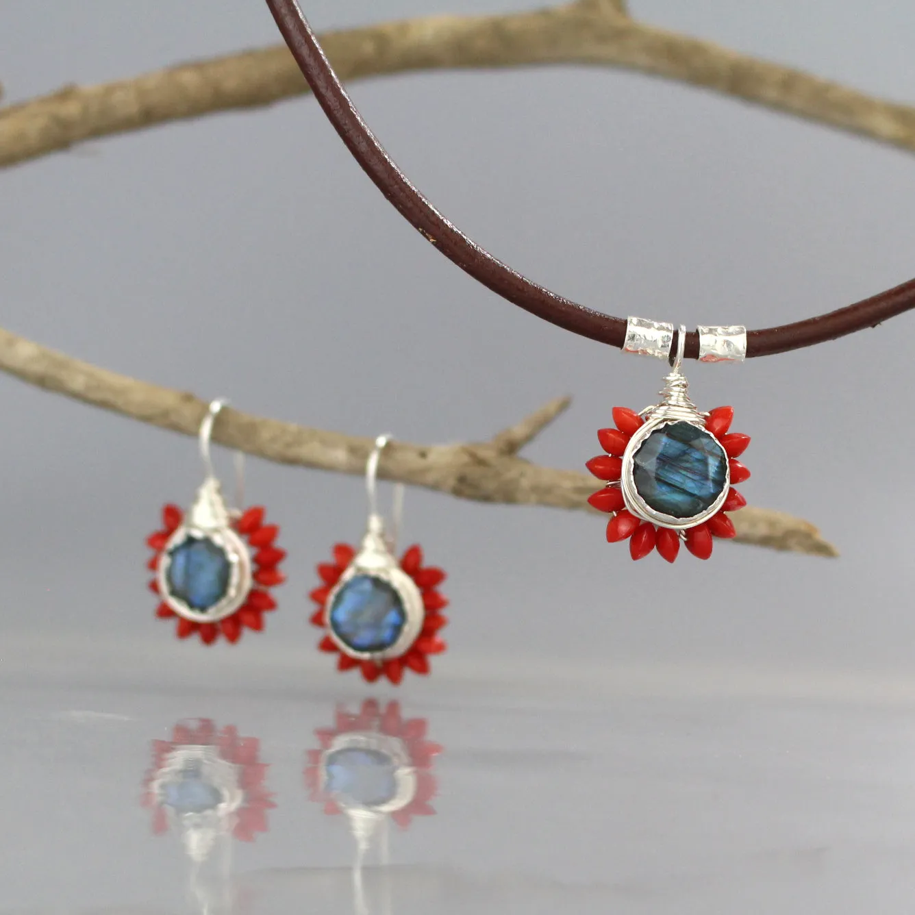 Labradorite Coral  Necklace and Earring Set