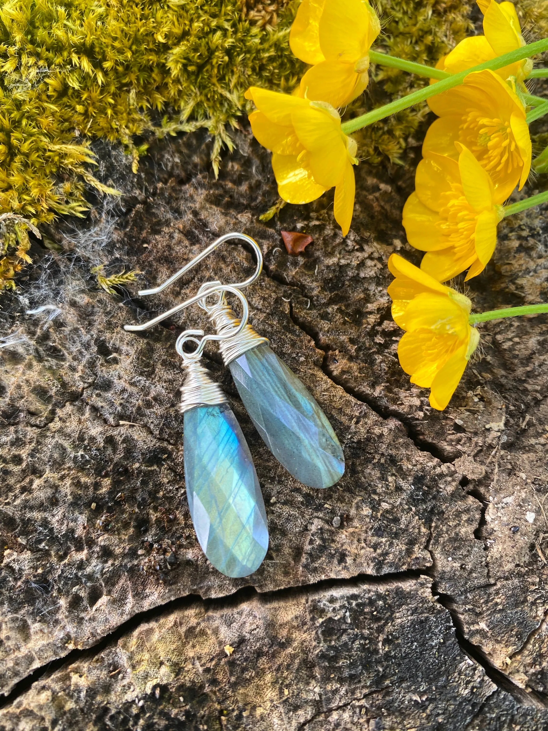 Labradorite, faceted drop, sterling silver, earrings