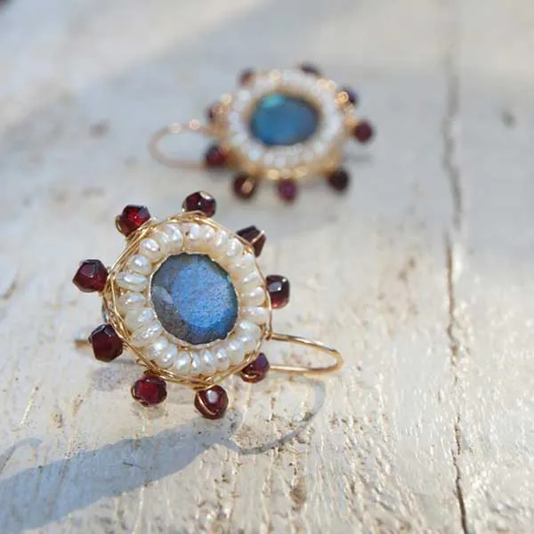 Labradorite Pearl and Garnet Mandala Earrings