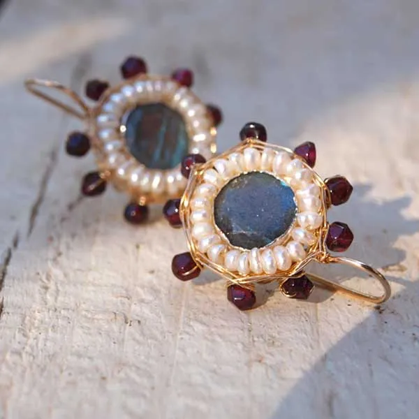 Labradorite Pearl and Garnet Mandala Earrings