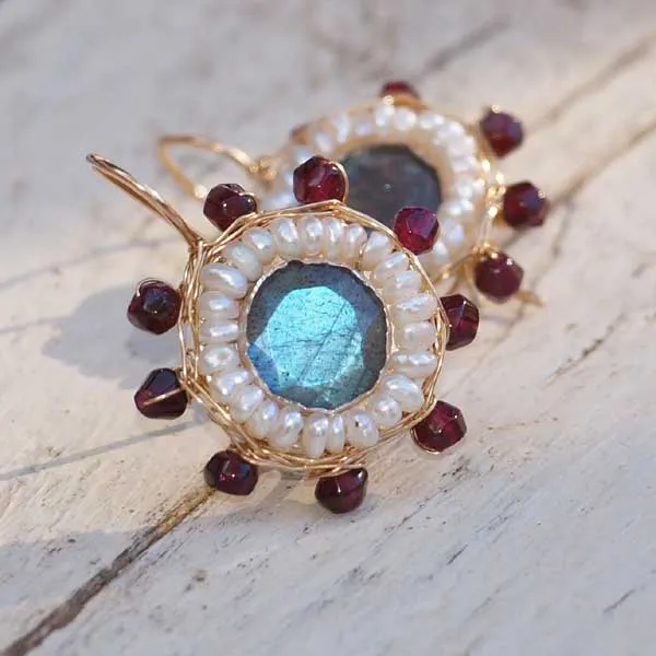 Labradorite Pearl and Garnet Mandala Earrings