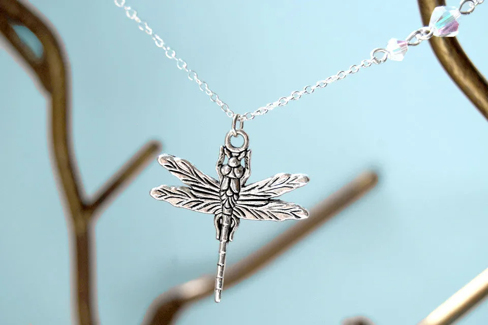 Large Silver Dragonfly Necklace | Dragonfly Charm Necklace | Cute Insect Jewelry