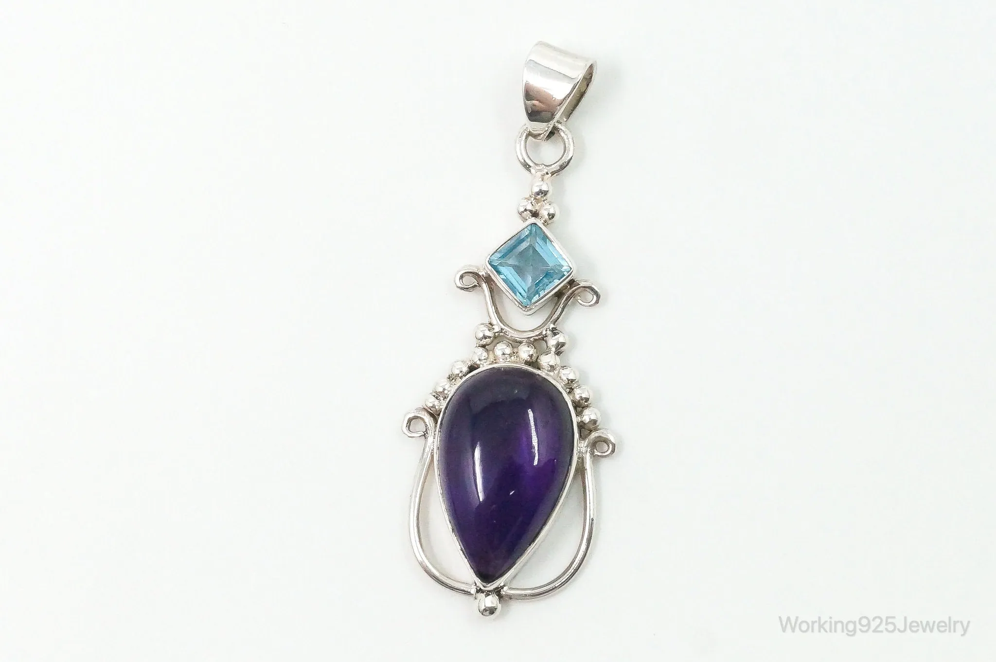 Large Vintage Blue Topaz Amethyst Sterling Silver Pendant