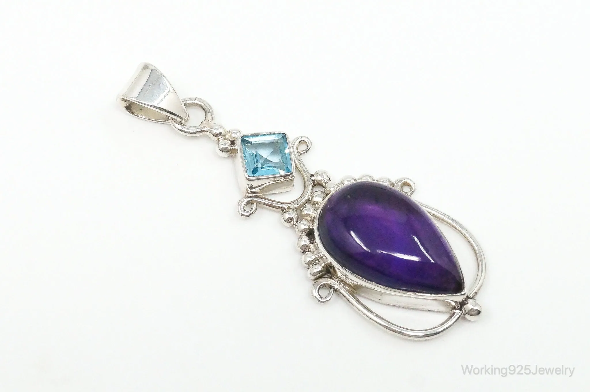 Large Vintage Blue Topaz Amethyst Sterling Silver Pendant