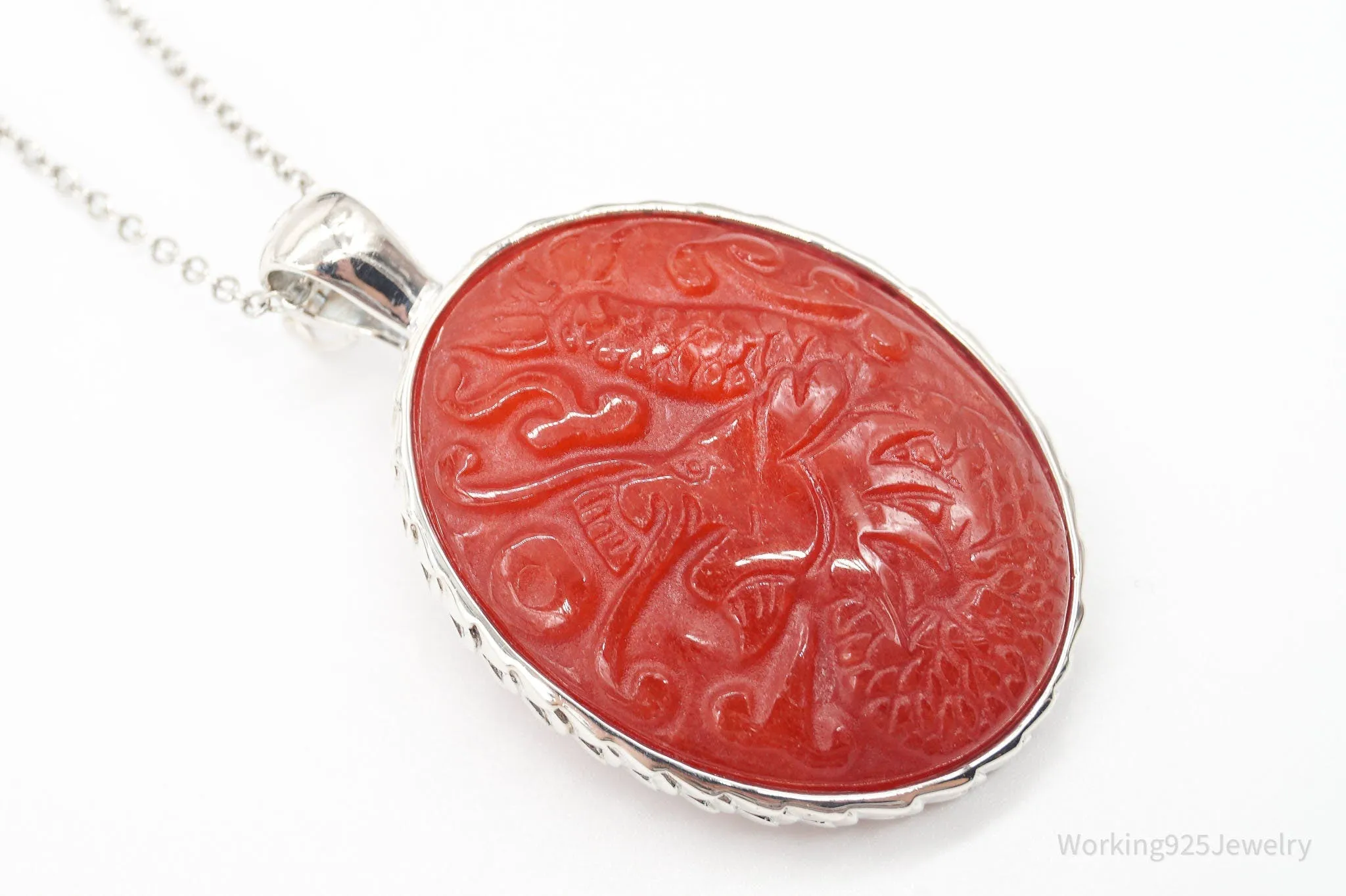 Large Vintage Carved Carnelian Dragon Sterling Silver Necklace