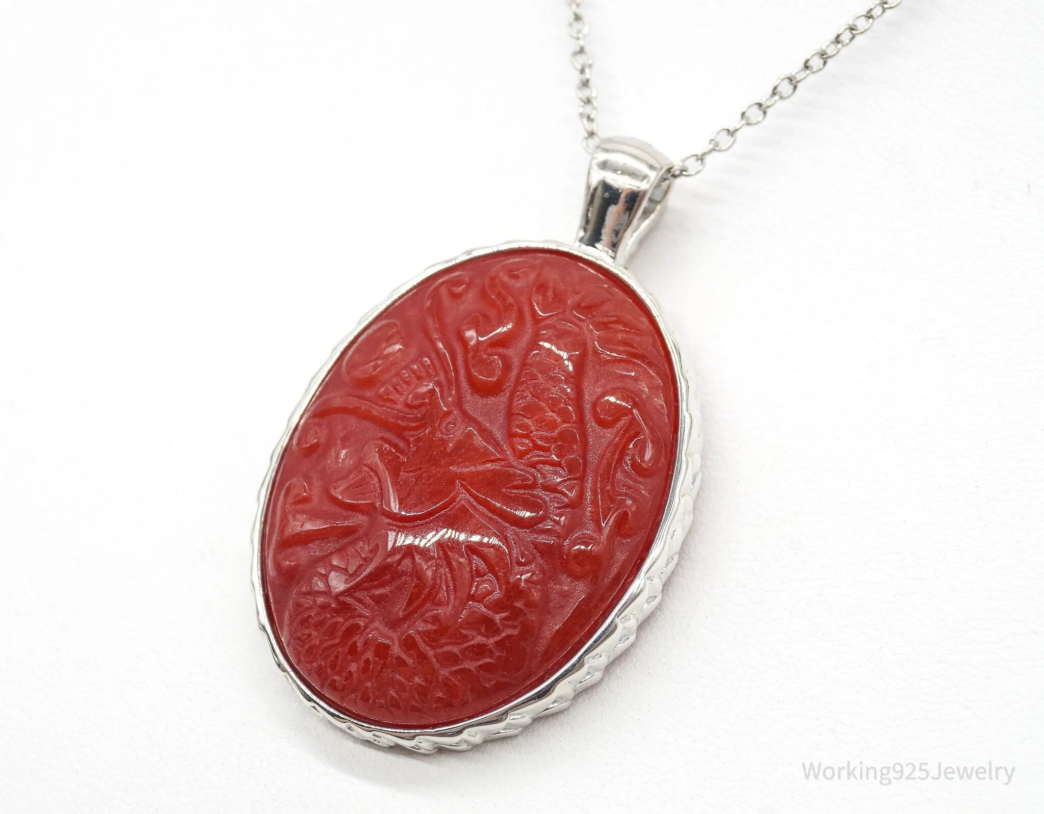 Large Vintage Carved Carnelian Dragon Sterling Silver Necklace