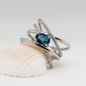 Lea Crossover London Blue Topaz Ring in Sterling Silver