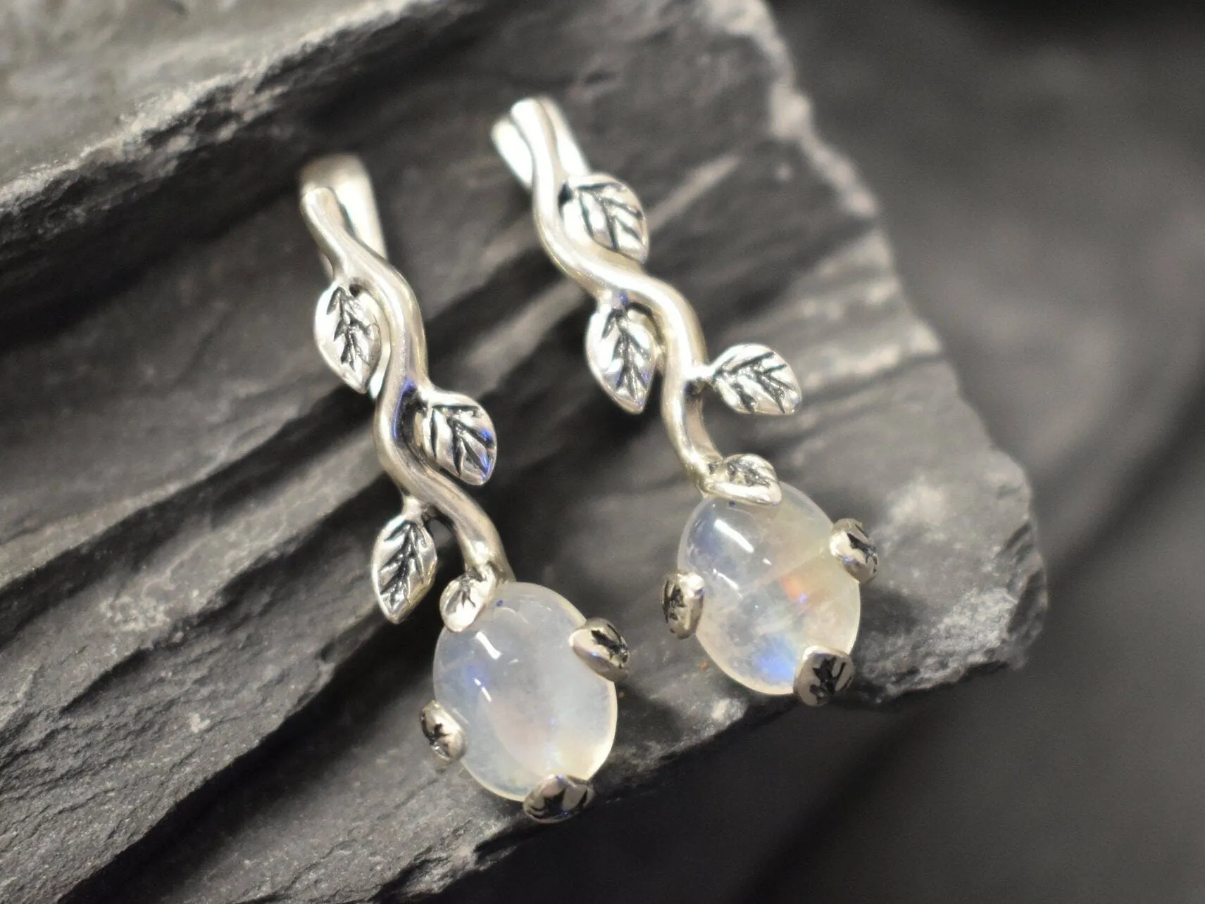 Leaf Moonstone Earrings - Natural Rainbow Moonstone Earrings - Vintage Drop Earrings