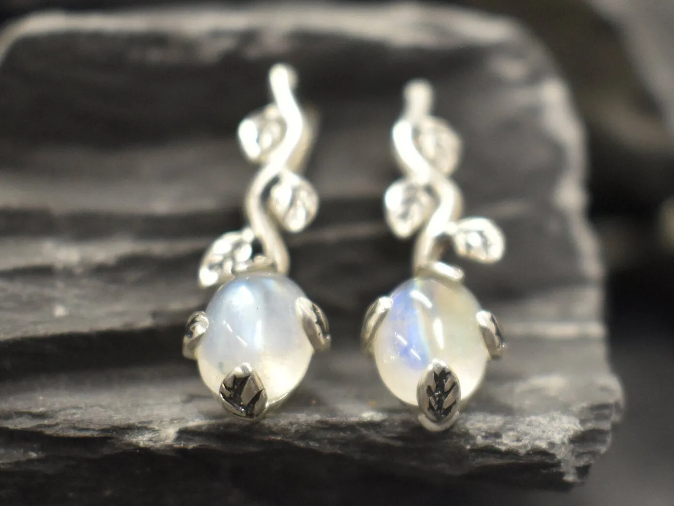 Leaf Moonstone Earrings - Natural Rainbow Moonstone Earrings - Vintage Drop Earrings