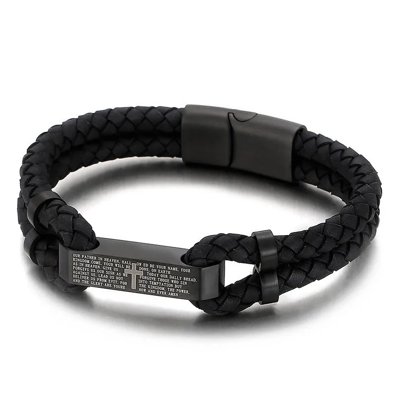 Leather Rope Braided Stainless Steel Engraved English Letters