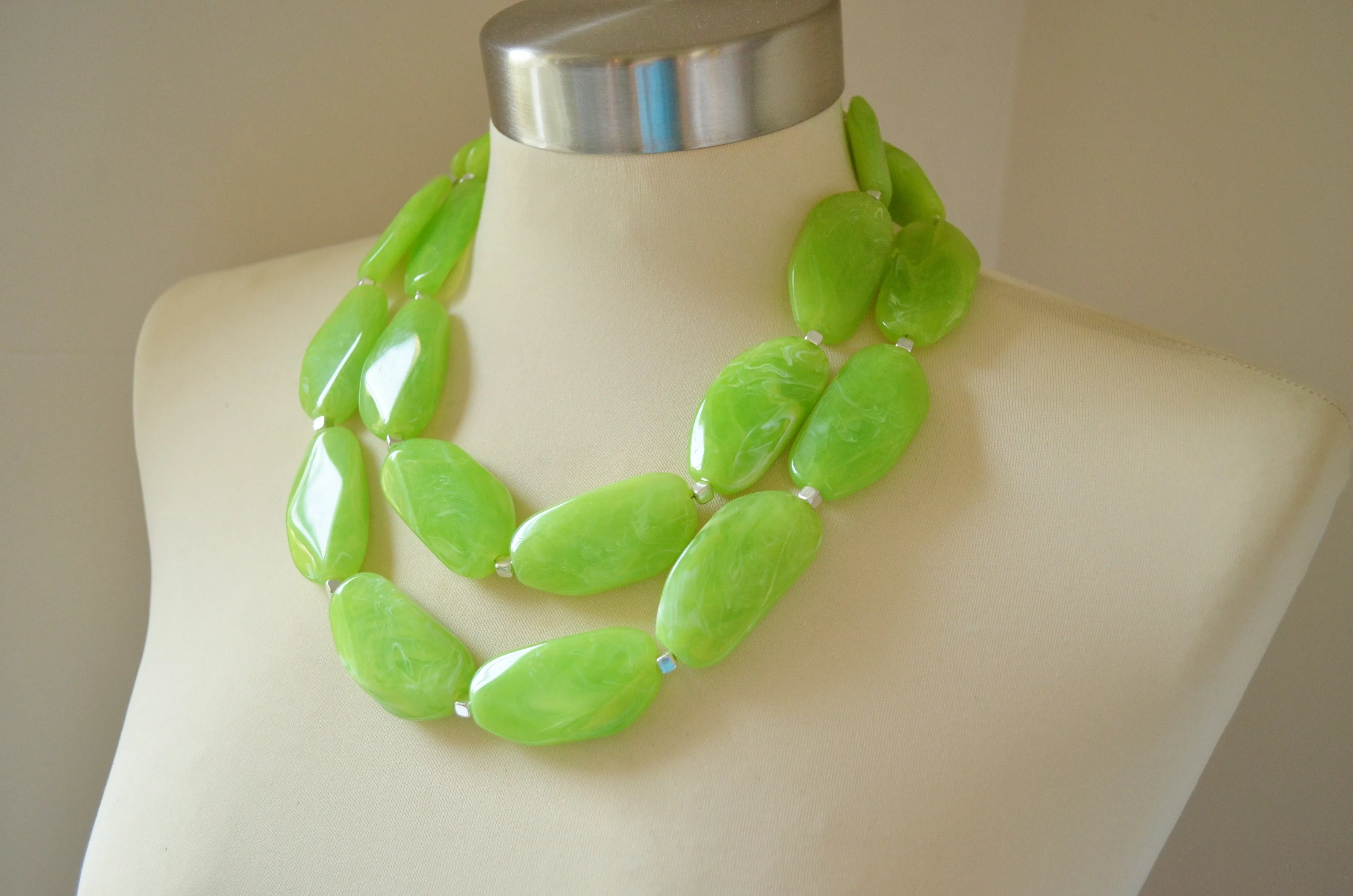 Lime Green Statement Acrylic Beaded Chunky Multi Strand Necklace - Miranda