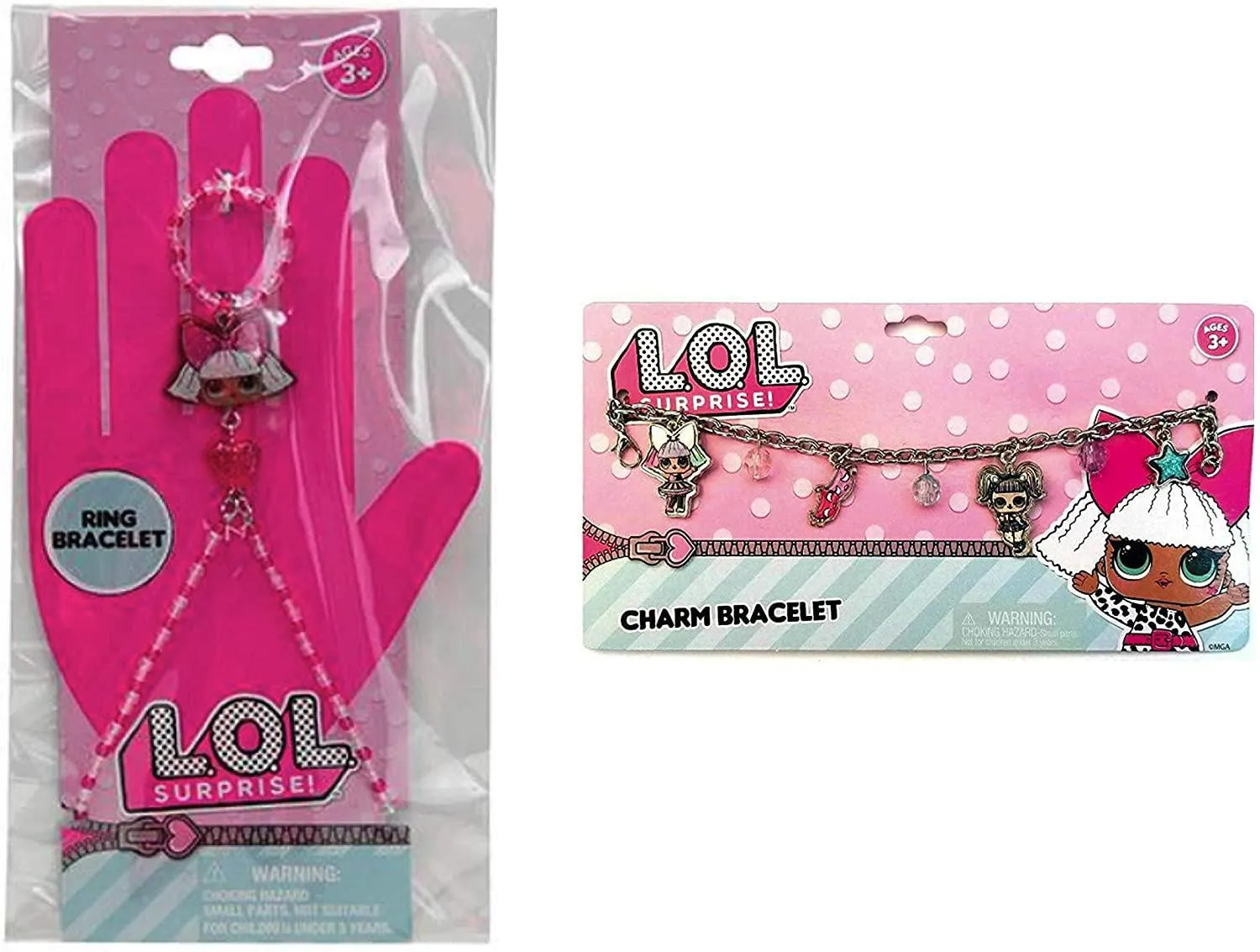 L.O.L. Surprise! Charm Bracelet & Beaded Bracelet Ring Jewelry Set (Diva Charm, Unicorn Charm)