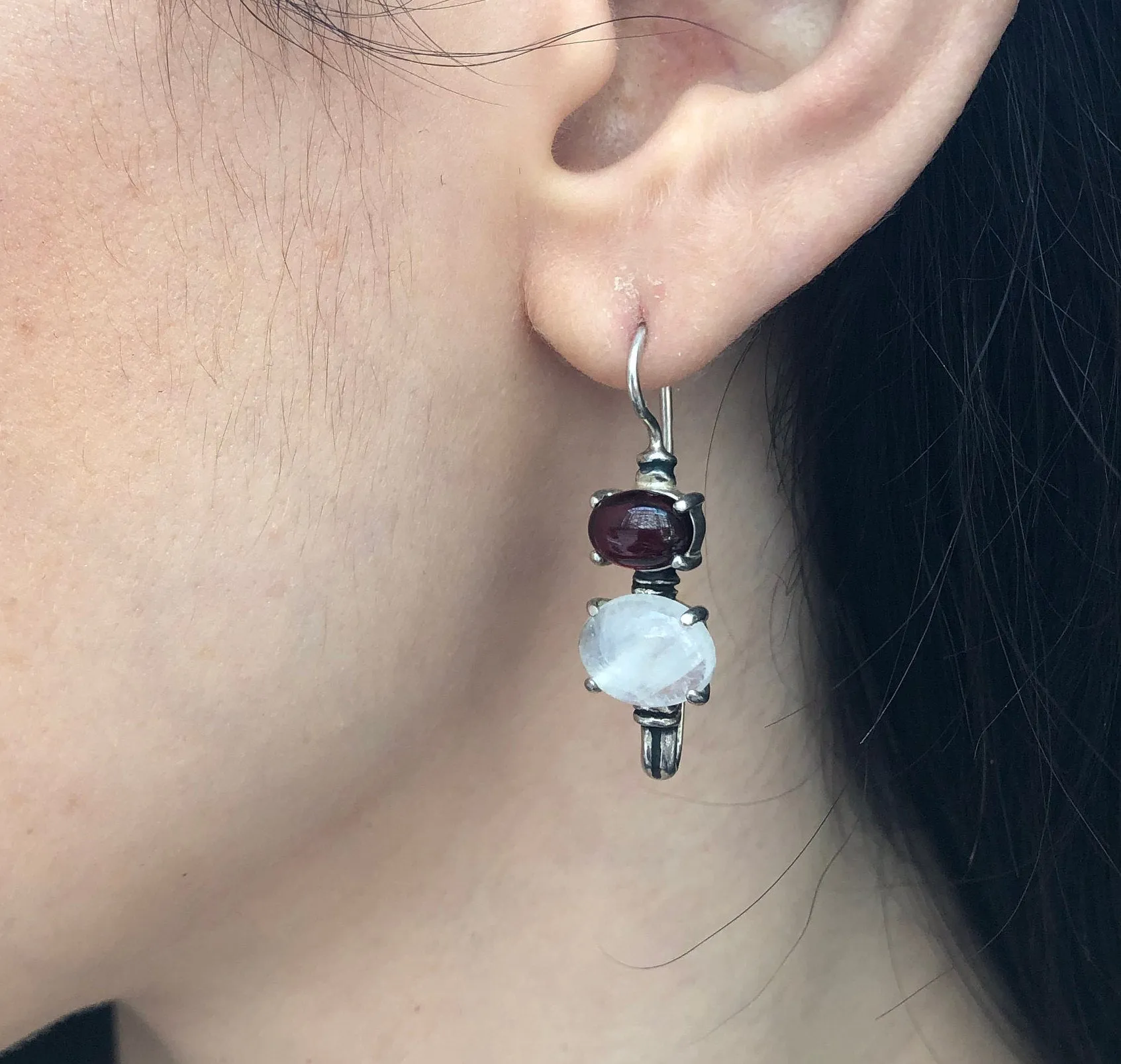 Long Garnet Earrings - Moonstone Drop Earrings - Vintage Statement Earrings