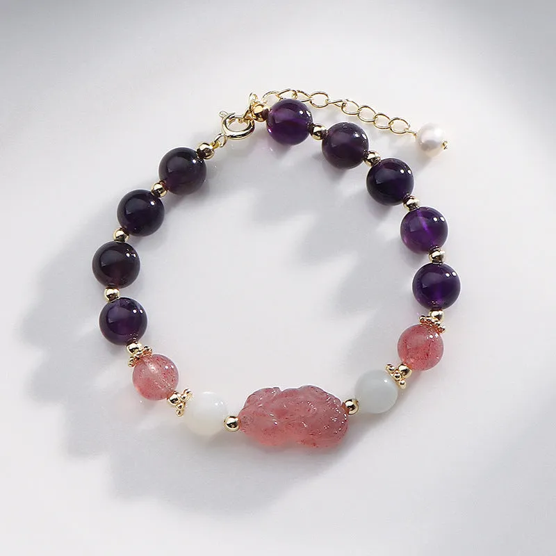 Luxurious Sterling Silver Crystal Bracelet with Strawberry Pixiu Details