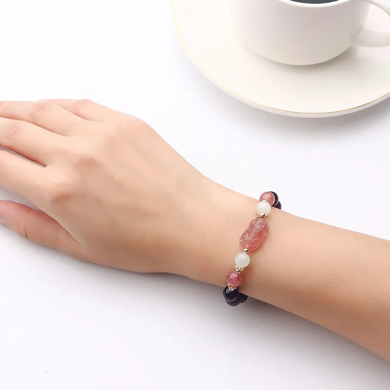 Luxurious Sterling Silver Crystal Bracelet with Strawberry Pixiu Details