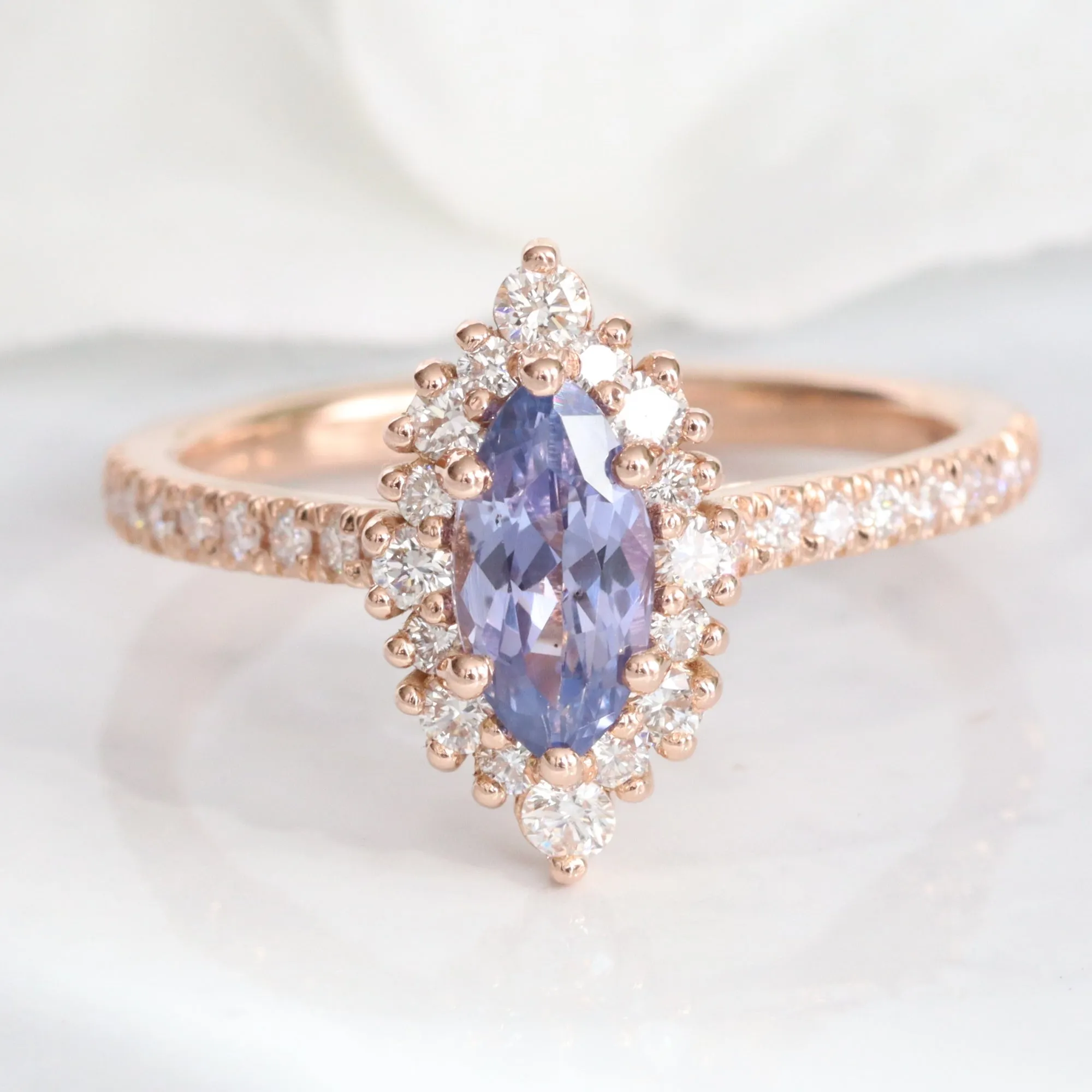 Marquise Lavender Sapphire Ring in 14k Rose Gold Tiara Halo Diamond Size 6.75