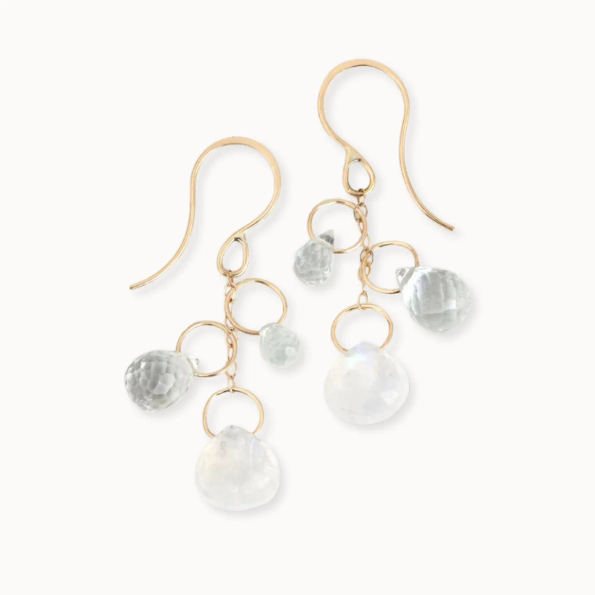 Melissa Joy Manning 14k Gold Aquamarine, White Topaz   Rainbow Moonstone Triple Drop Chain Earrings