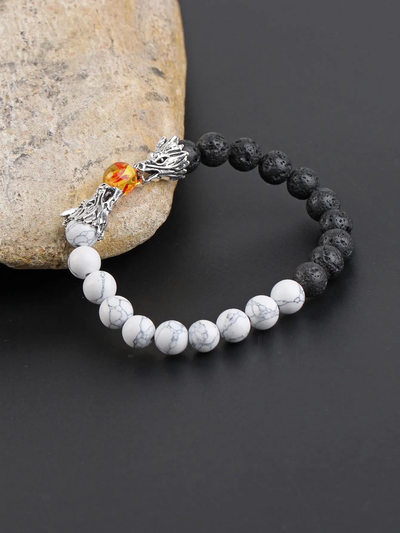 Men Chinese Dragon Head Decor Beaded Bracelet Men Bracelet Stackable Bracelet