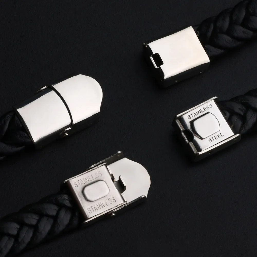 Men's Leather Braided Bare Plate Stainless Steel Bracelet