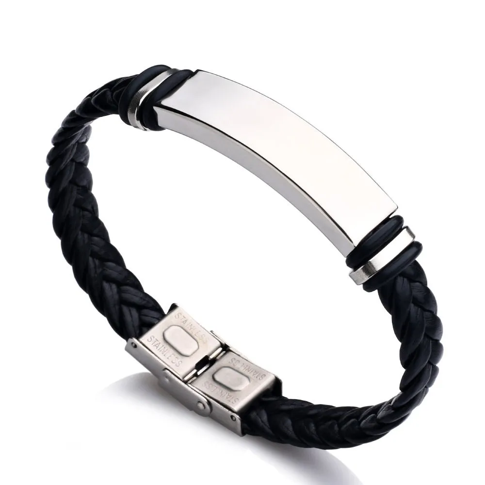 Men's Leather Braided Bare Plate Stainless Steel Bracelet