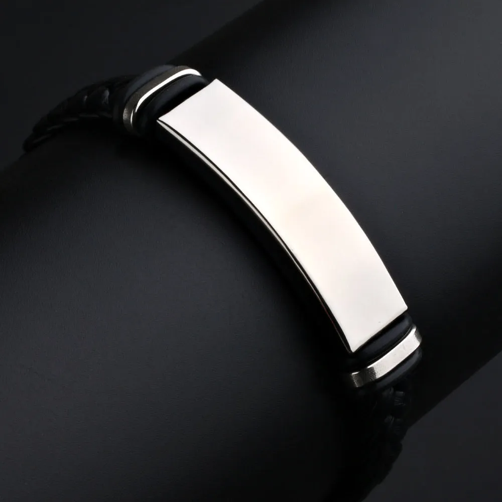 Men's Leather Braided Bare Plate Stainless Steel Bracelet