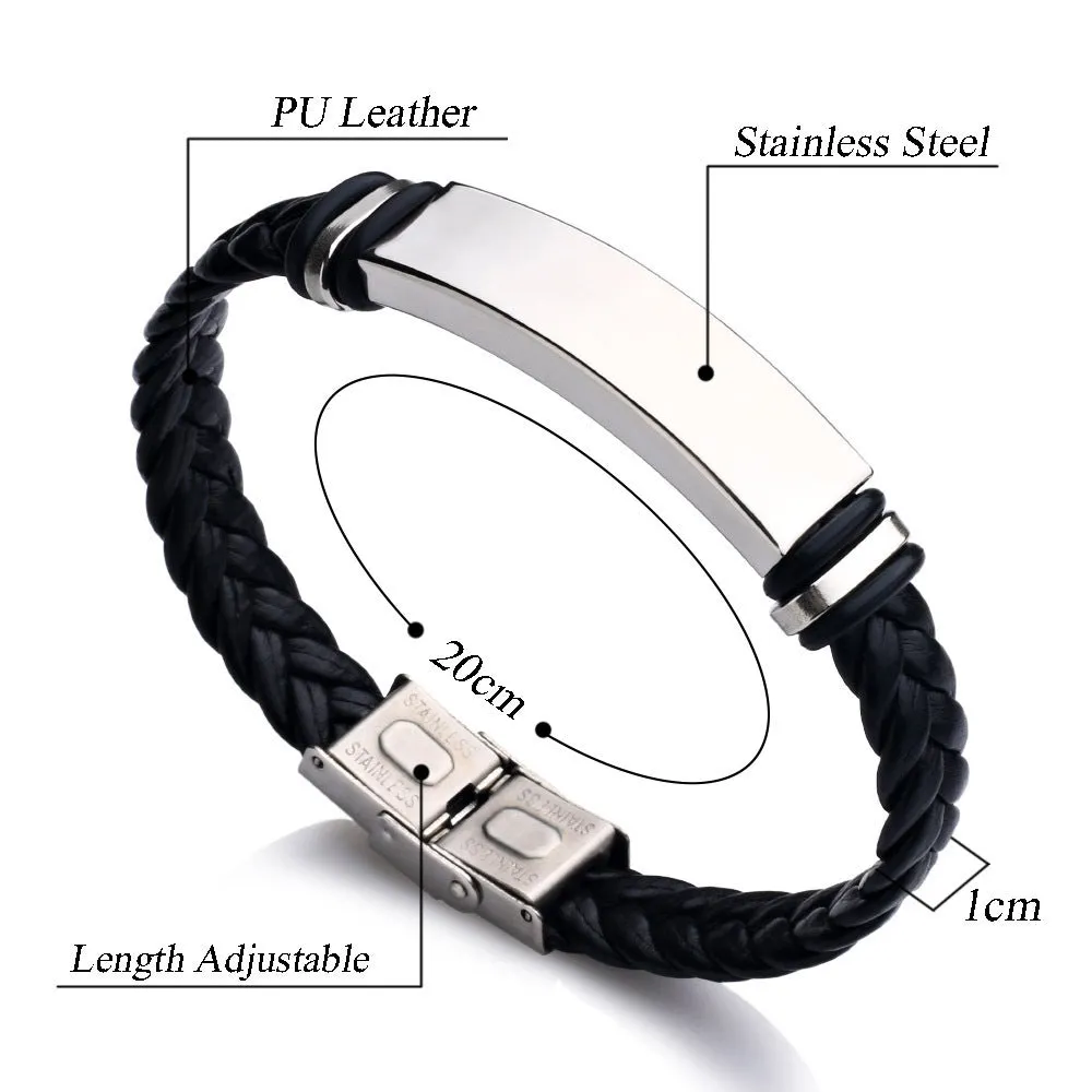 Men's Leather Braided Bare Plate Stainless Steel Bracelet