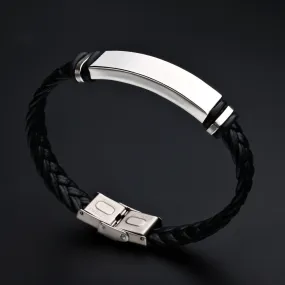 Men's Leather Braided Bare Plate Stainless Steel Bracelet