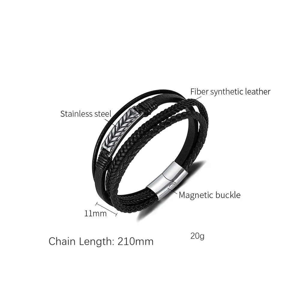 Men's Multi-Strand Leather Bracelet with Stainless Steel Arrow Detail - Stylish and Versatile Accessory