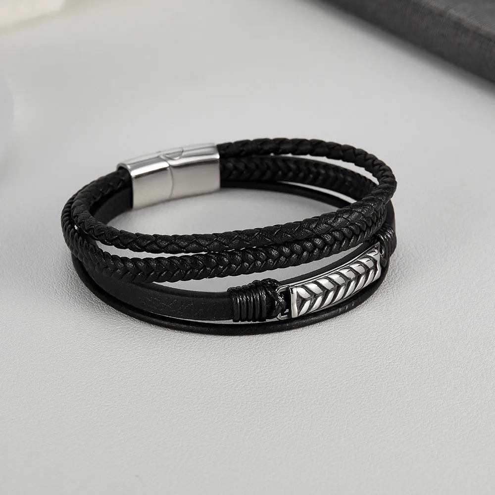 Men's Multi-Strand Leather Bracelet with Stainless Steel Arrow Detail - Stylish and Versatile Accessory