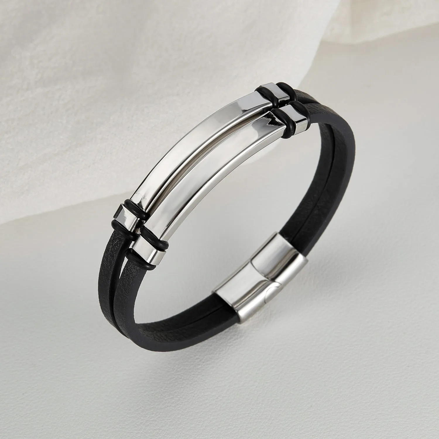 Men's Sleek Leather Bracelet with Polished Stainless Steel Bar - Minimalist and Stylish Accessory