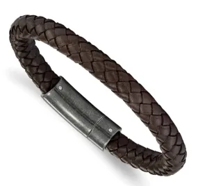 Men's Stainless Steel Brushed Brown Braided Leather Bracelet (SI3597)