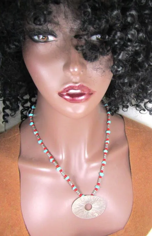 Mexican Turquoise Necklace With Big Bold Silver Pendant