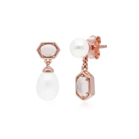 Moderne Perle & Mondstein Asymmetrische Tropfen Ohrringe in Rose Vergoldetem Sterling Silber