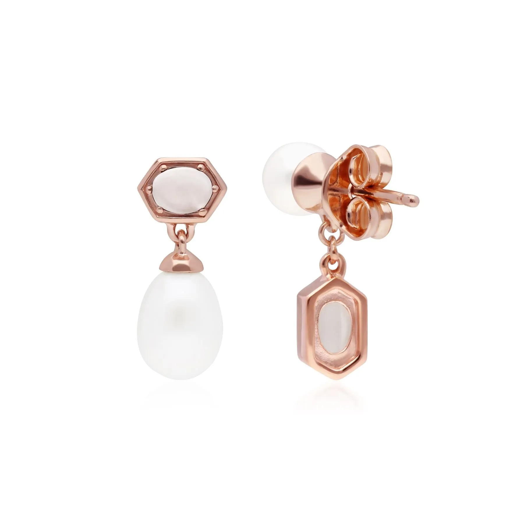 Moderne Perle & Mondstein Asymmetrische Tropfen Ohrringe in Rose Vergoldetem Sterling Silber