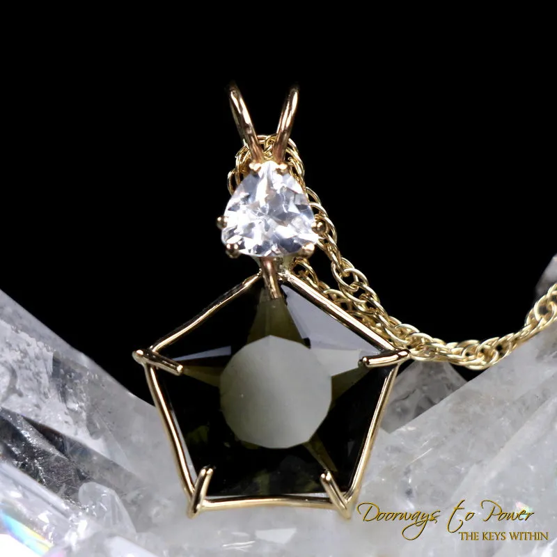 Moldavite Phenacite Star of Venus Crystal Pendant 14k