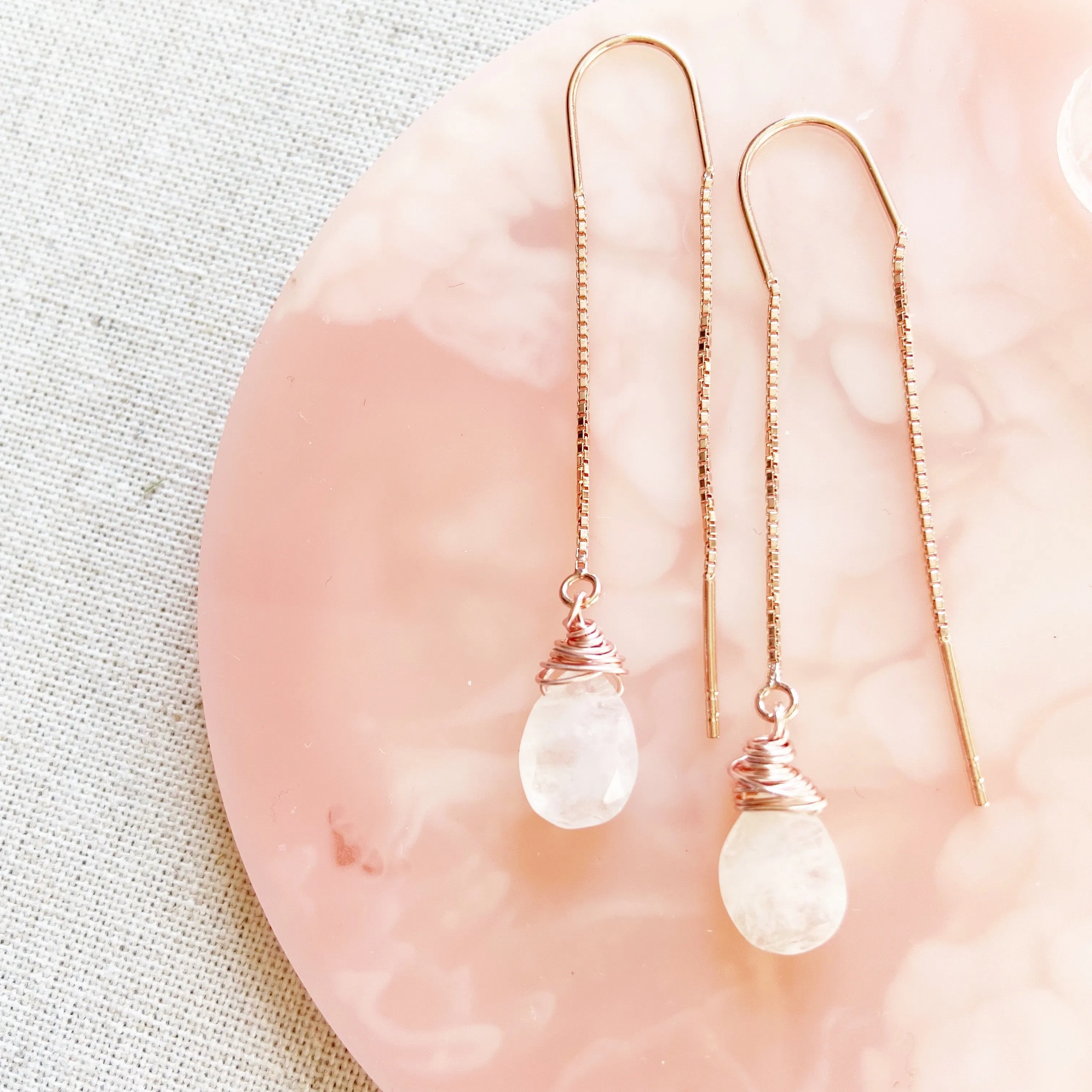 Moonstone Teardrop Threader Earrings in Gold, Silver, or Rose Gold