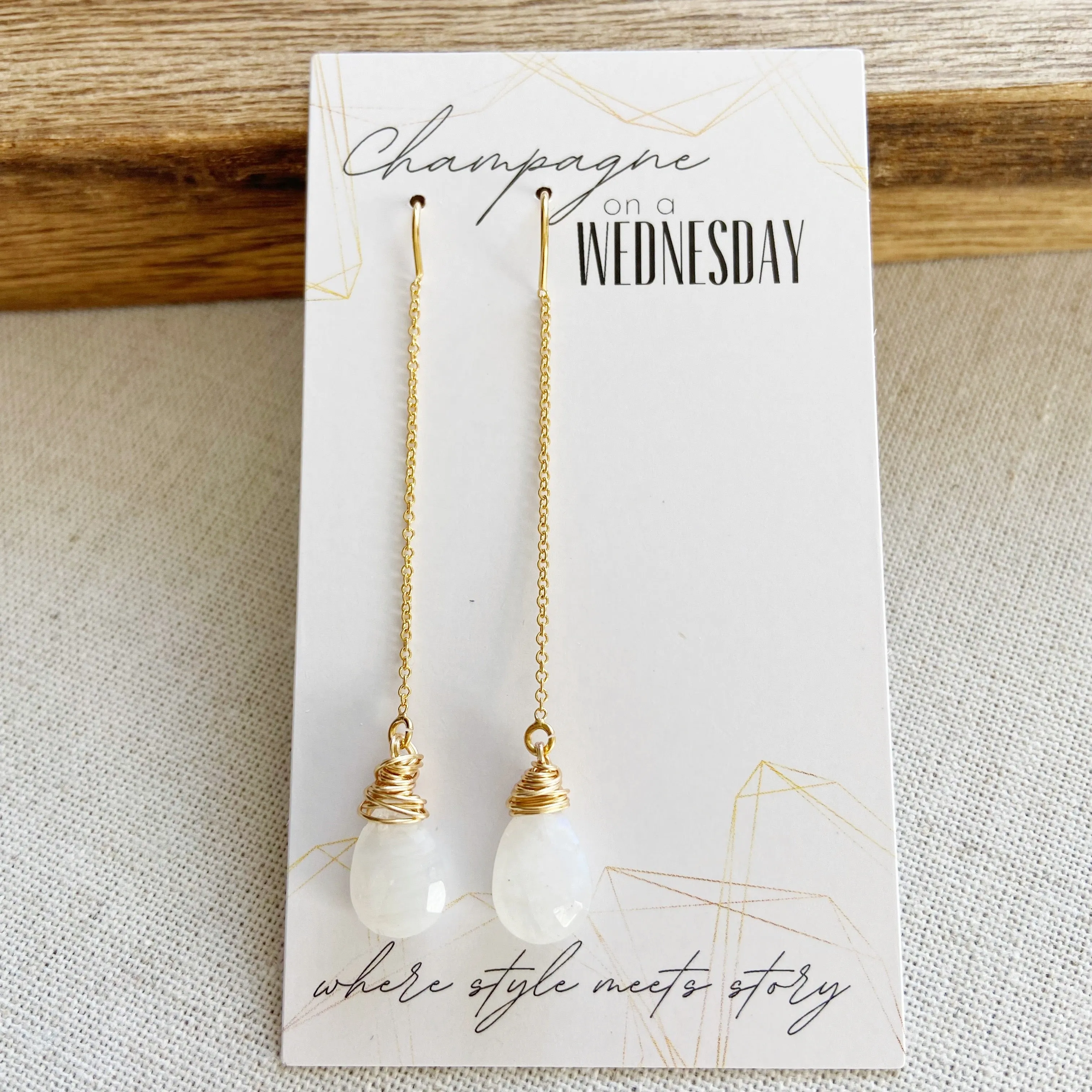 Moonstone Teardrop Threader Earrings in Gold, Silver, or Rose Gold