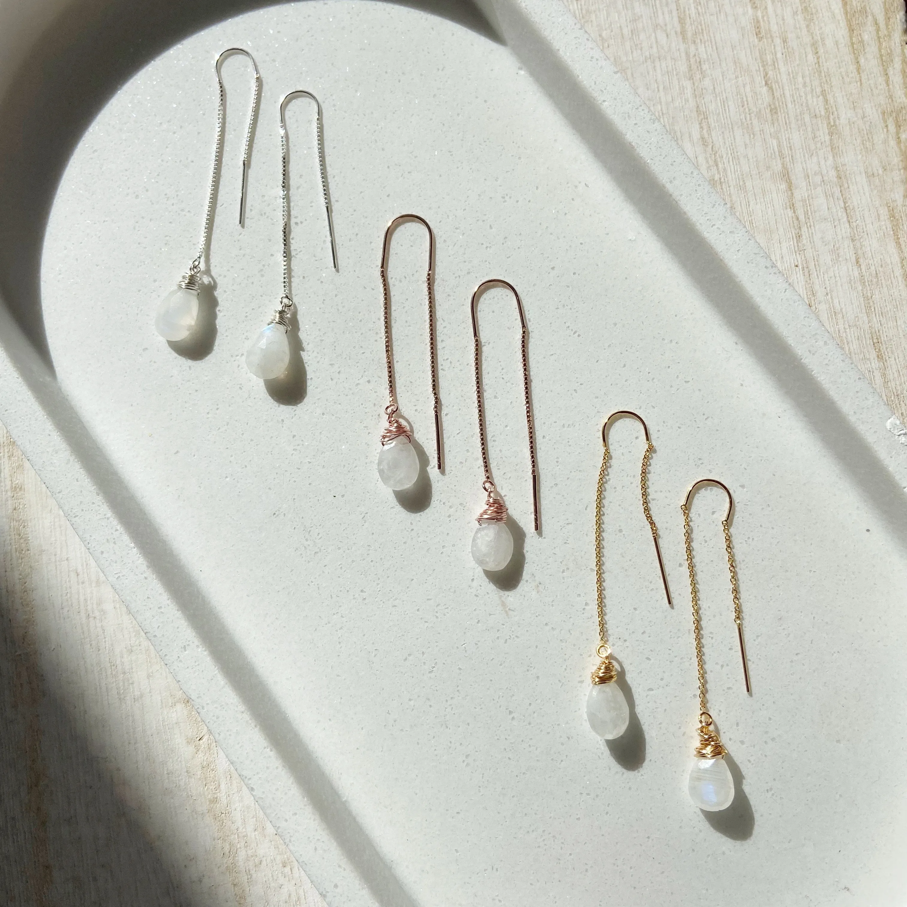 Moonstone Teardrop Threader Earrings in Gold, Silver, or Rose Gold