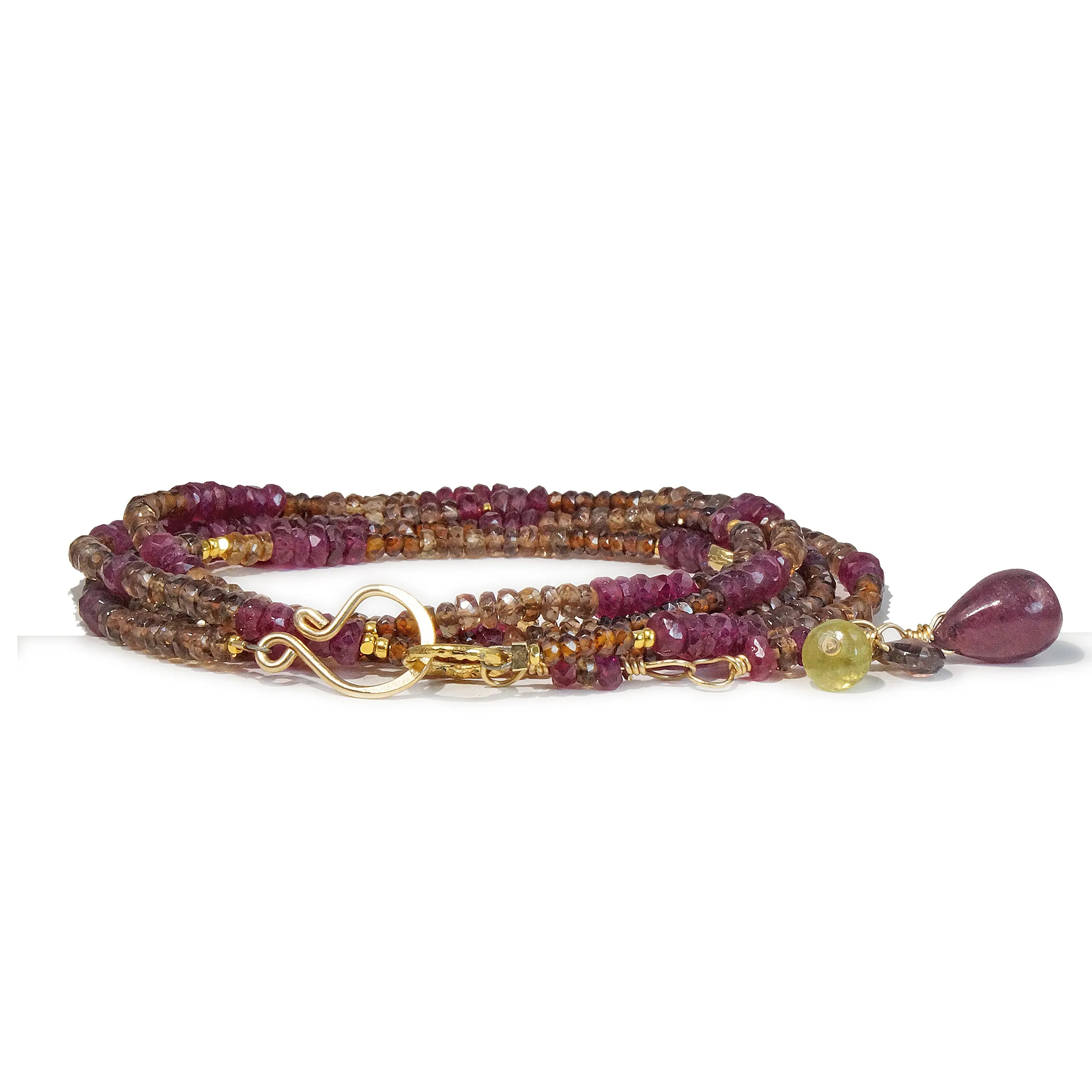 Multi Gemstone Gold Necklace/Wrapped Bracelet with Andalusite and Ruby - Long