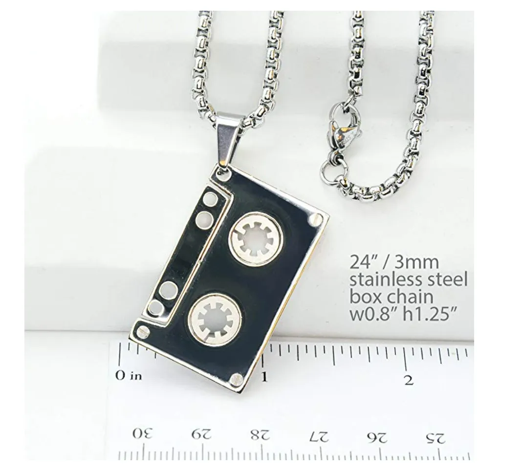 Music Cassette Necklace Silver Color Metal Alloy Tape Pendant Box Chain Old Skool Retro Jewelry 24in